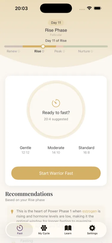 Fast like a girl app, FastingBestie timer screen synced to your cycle phase